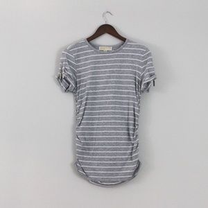 Long gray and white striped ruched tee